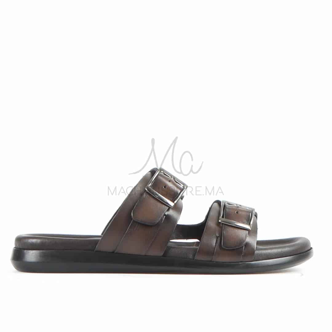 Léger - Sandales Hommes 100% Cuir en Marron.