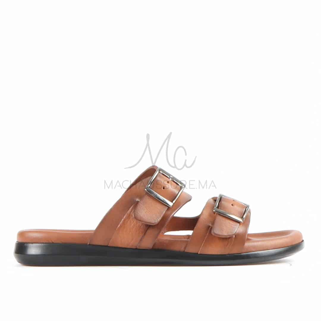 Léger - Sandales Hommes 100% Cuir en Tabac.