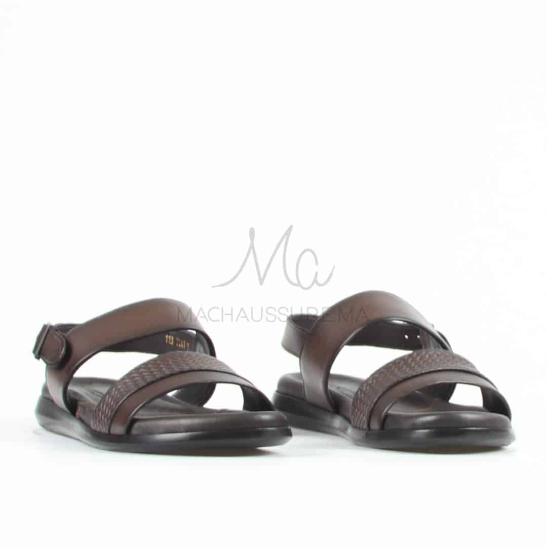 Confort - Sandales Hommes 100% Cuir en Marron.