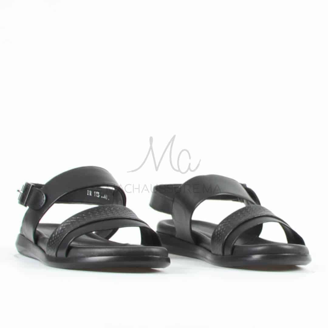 Confort - Sandales Hommes 100% Cuir en Noir.