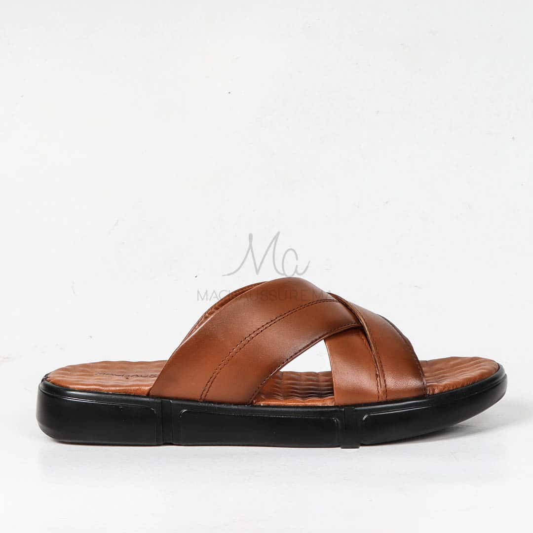 Sandales Confortables 100% Cuir en Tabac.