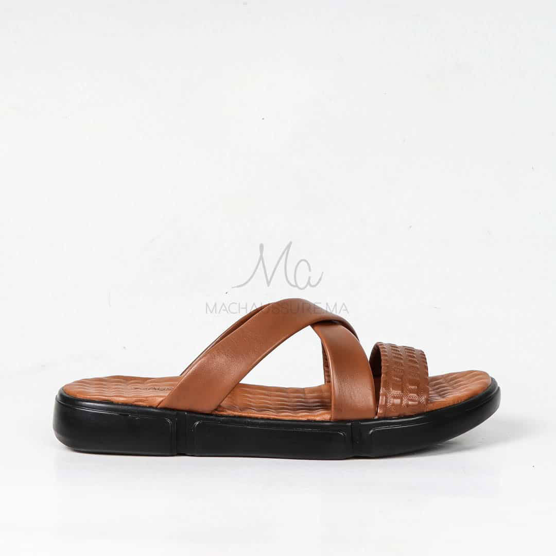 Sandales Confortables 100% Cuir en Tabac.