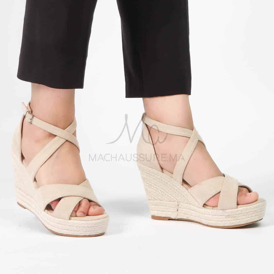 Jess– Sandales compensées en Beige.