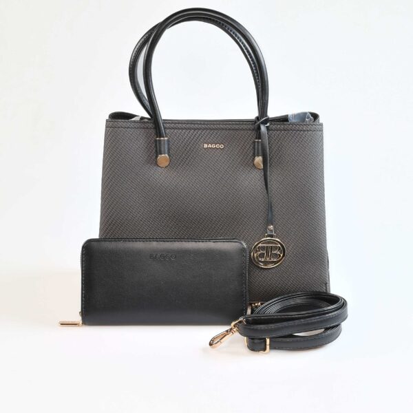 Sac à main BAGGO en cuir gris avec poignées noires et porte-clés or..