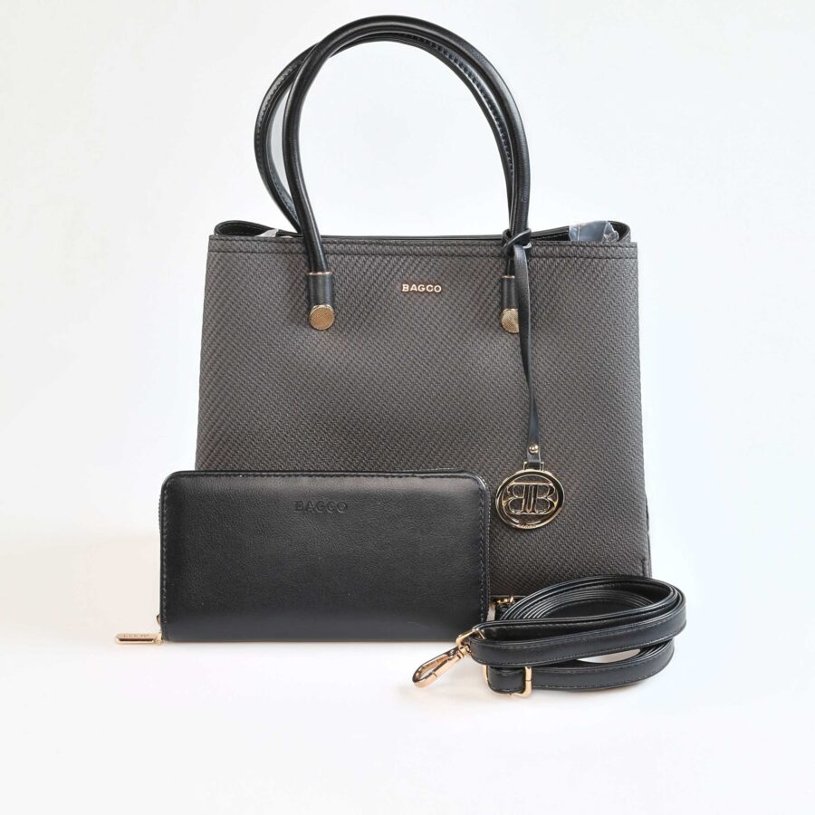 Sac à main BAGGO en cuir gris avec poignées noires et porte-clés or..