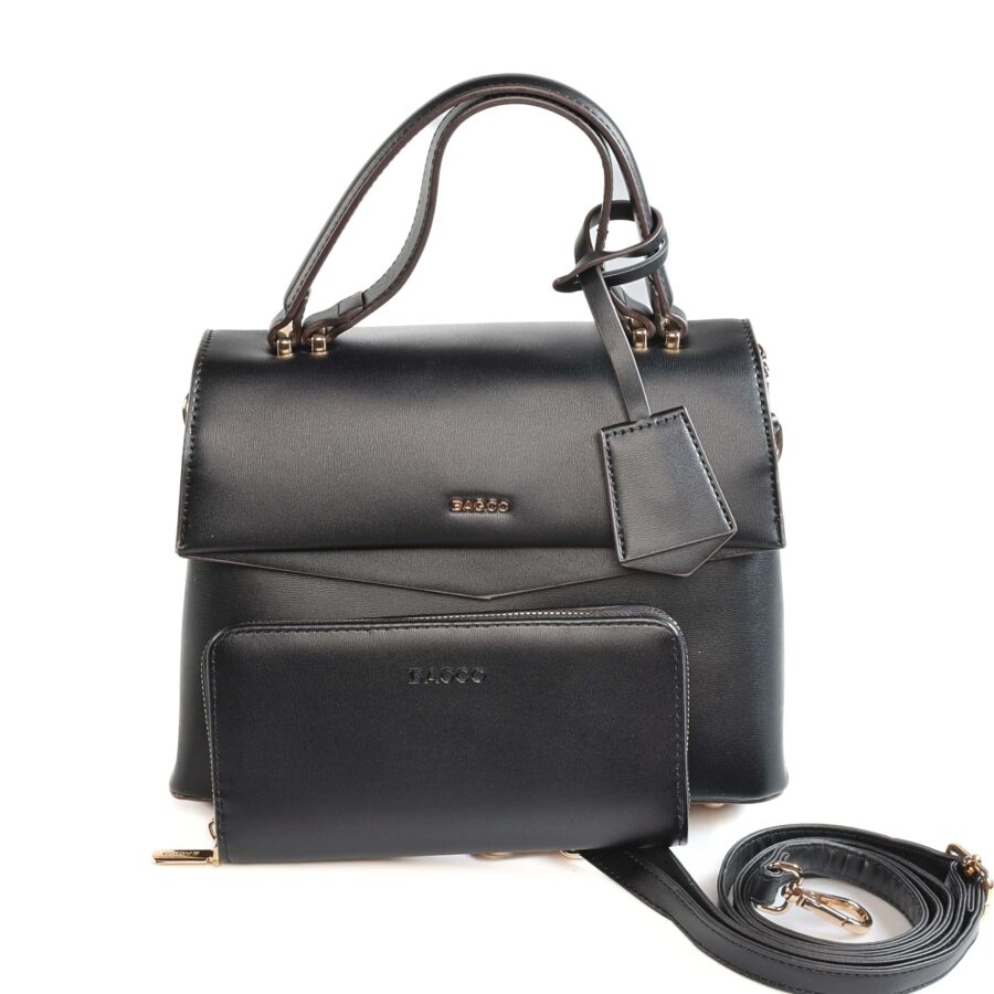 Sac à main en cuir noir avec bandoulière et porte-monnaie assorti..