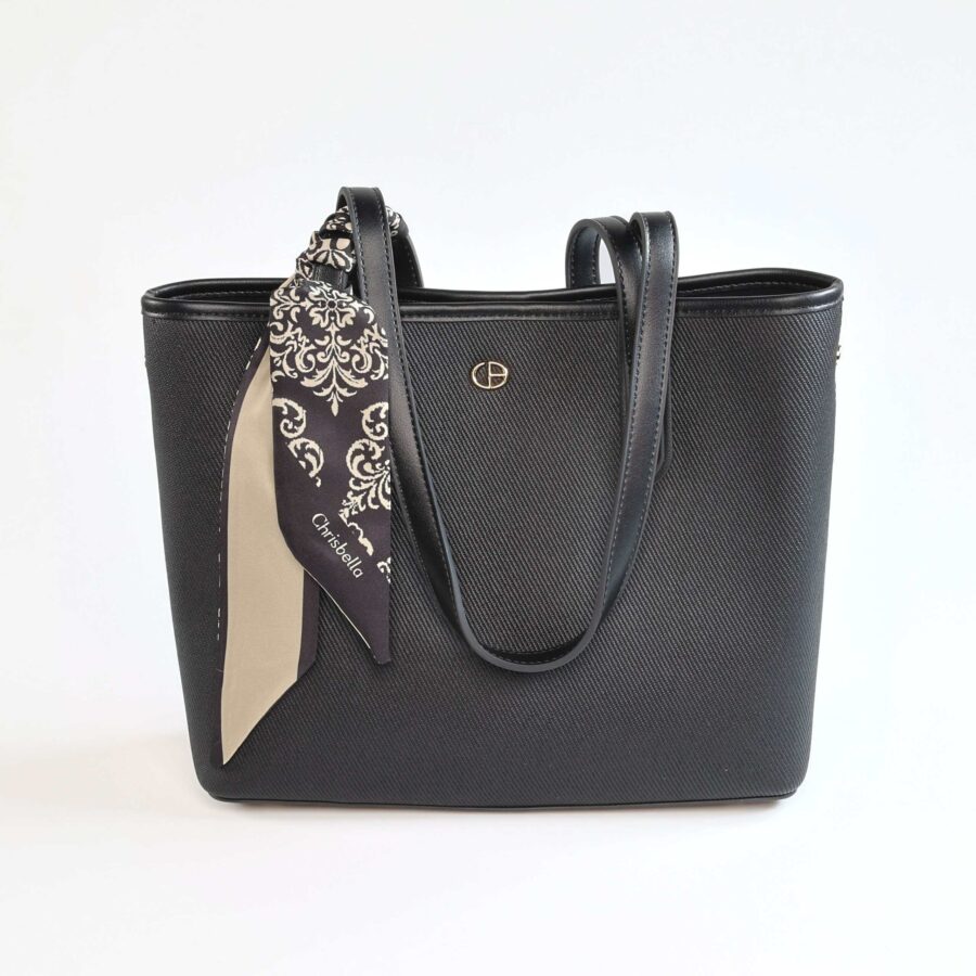 Sac à main en cuir noir avec foulard élégant, parfait pour toutes occasions..