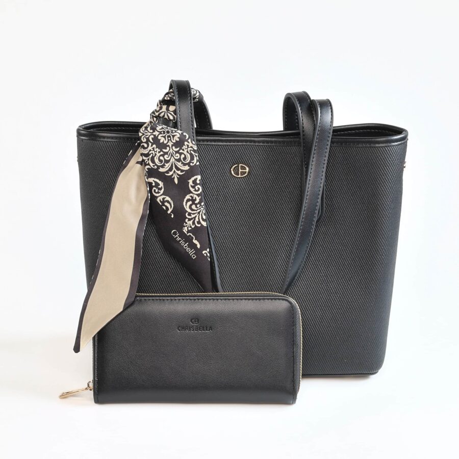 Sac à main en cuir noir avec portefeuille assorti, élégant et pratique..