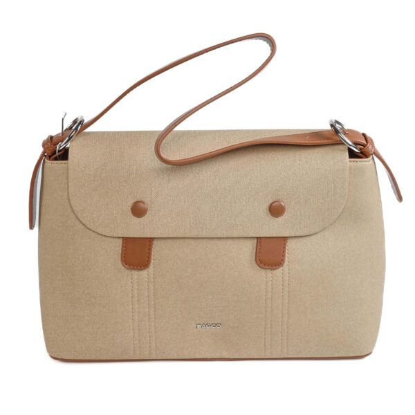 Sac à main beige en toile avec détails en cuir synthétique, élégant et pratique..