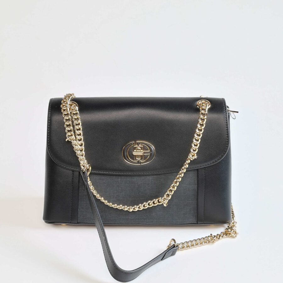 Sac à main noir avec chaîne dorée, accessoire de mode chic et sophistiqué..