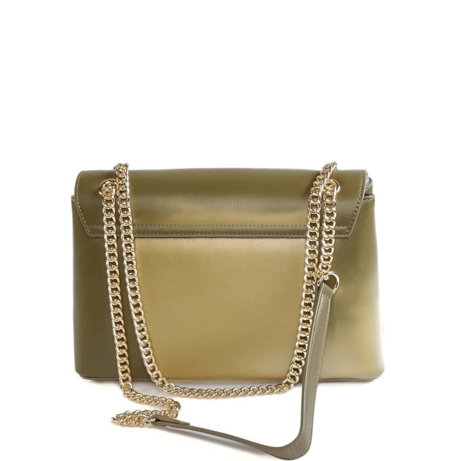 Sac à main en cuir vert olive avec chaîne doré, parfait pour un look chic et moderne..