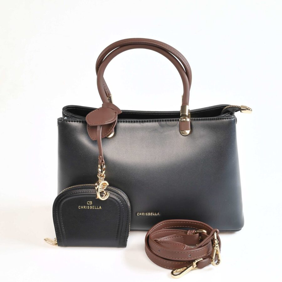 Sac à main noir avec poignées marron, porte-monnaie et bandoulière en cuir, accessoires de mode chic..