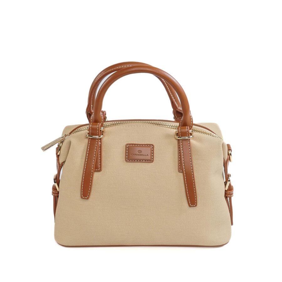 Sac à main beige avec poignées en cuir marron, parfait pour un look chic et fonctionnel..