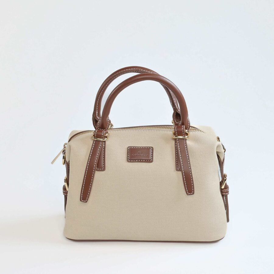 Sac à main élégant beige avec poignées en cuir marron, parfait pour un style chic et pratique..