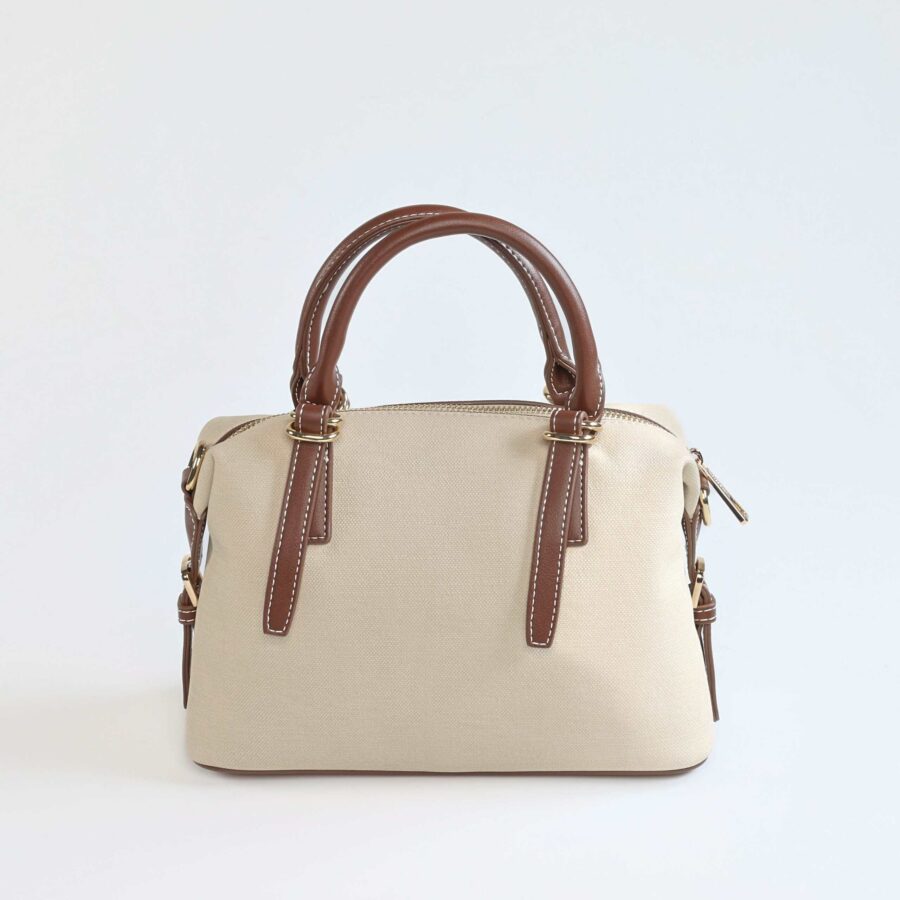 Sac à main beige avec poignées en cuir marron, parfait pour un style chic et fonctionnel..