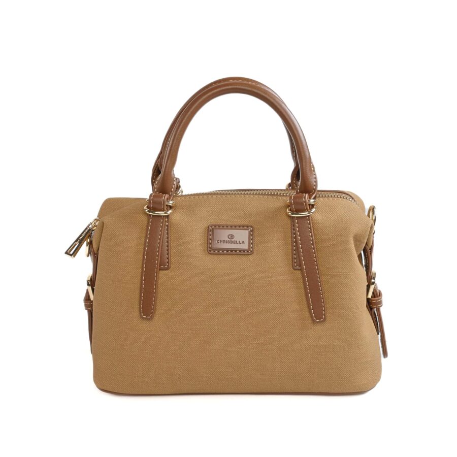 Sac à main en toile beige avec poignées en cuir marron, parfait pour un style élégant et pratiqu..