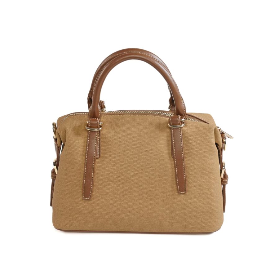 Sac à main en toile beige avec poignées en cuir marron, parfait pour un style chic et fonctionnel..