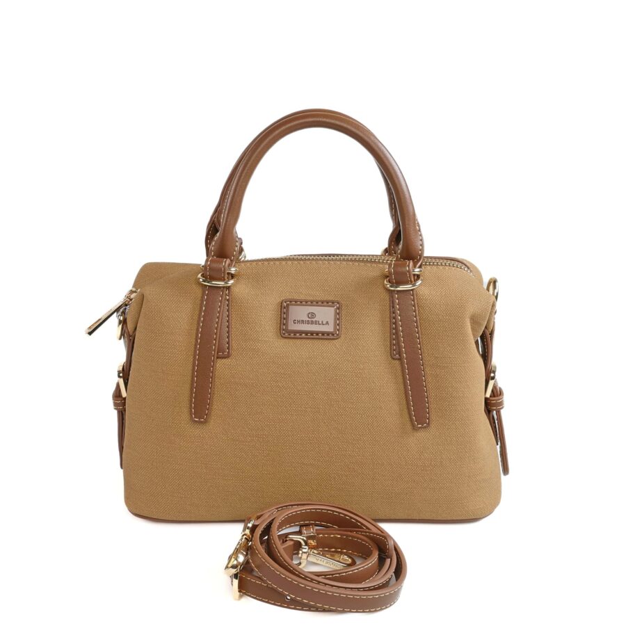 Sac à main en toile beige avec poignées en cuir marron, parfait pour un look chic et fonctionnel..
