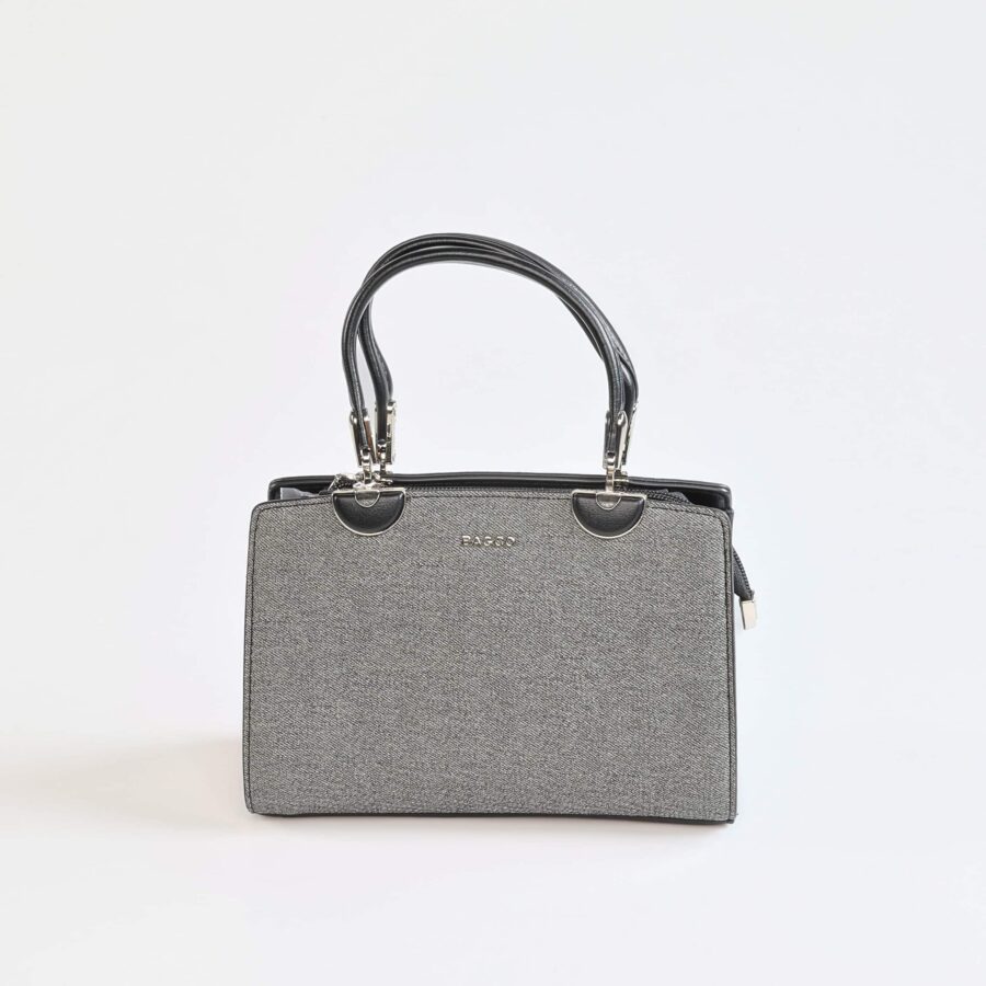 Sac à main en tissu gris avec poignées en cuir noir, parfait pour un style chic et pratique..