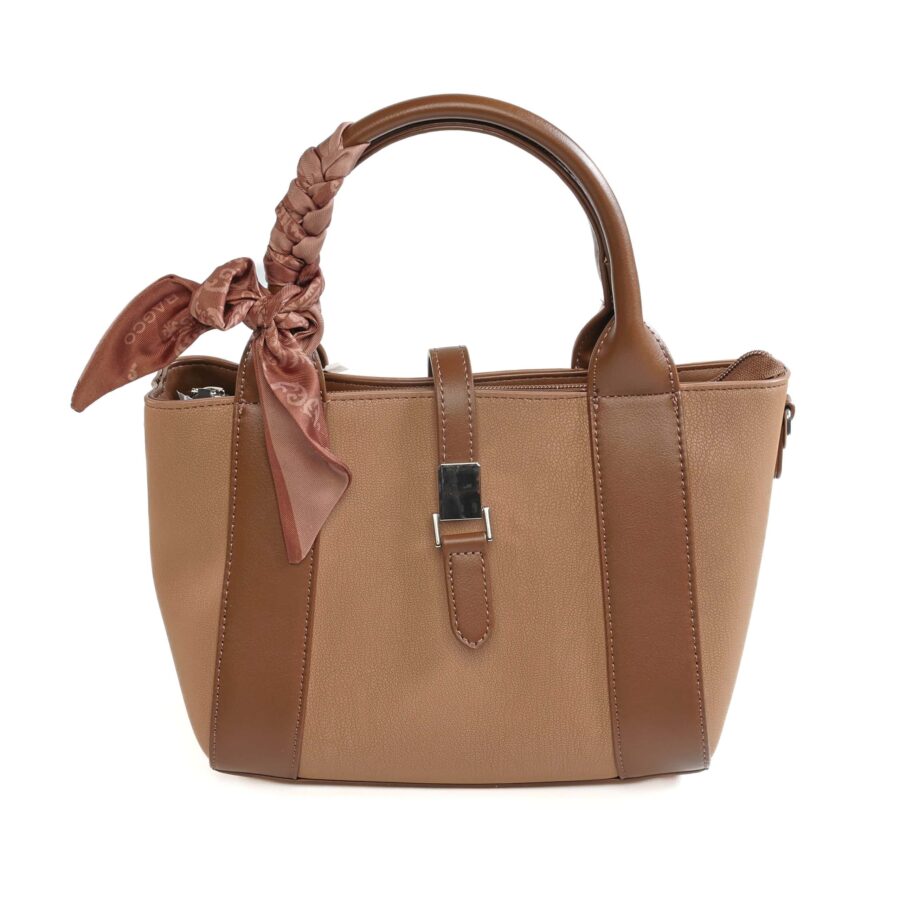 Sac à main en cuir beige avec bandana rose, élégant et pratique..