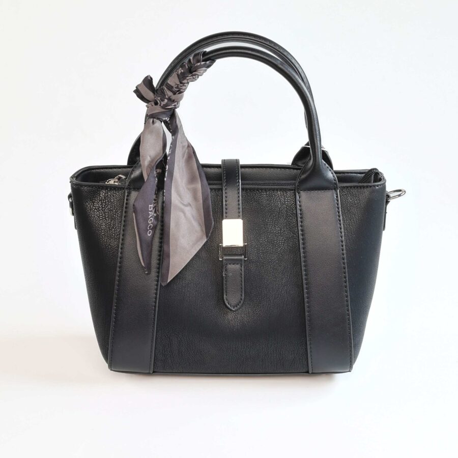 Sac à main en cuir noir avec foulard gris, accessoire de mode chic et pratique..