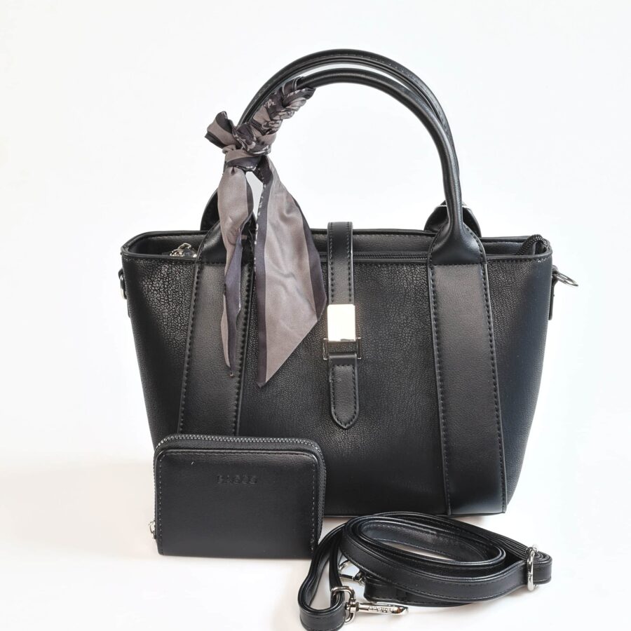 Sac à main en cuir noir avec foulard, portefeuille et bandoulière pour femmes élégantes..