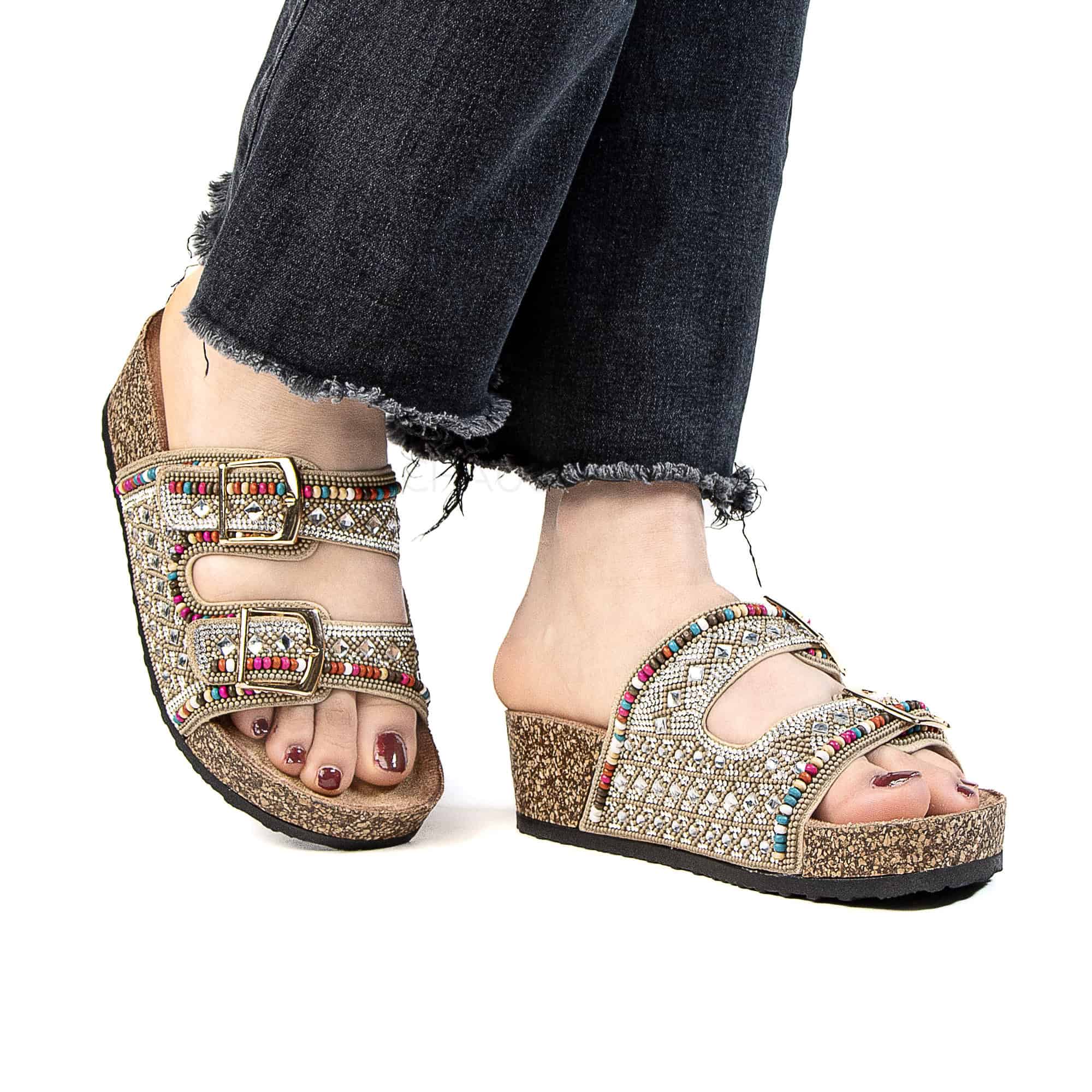 Pavot – Sandales Compensées en Beige.