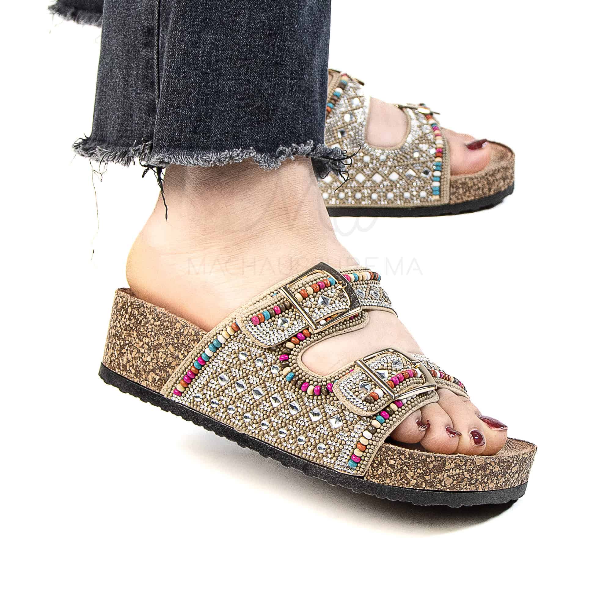 Pavot – Sandales Compensées en Beige.