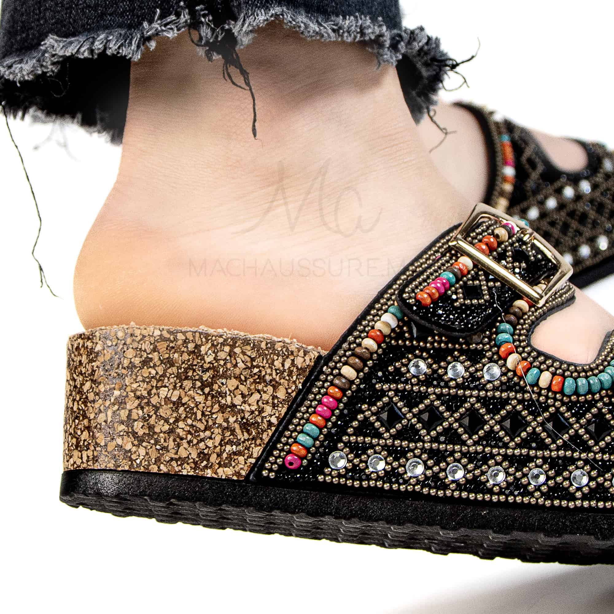 Pavot – Sandales Compensées en Noir.