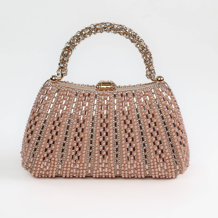 Pochette de soirée en strass avec poignée ornée de cristaux, idéale pour occasions spéciales..