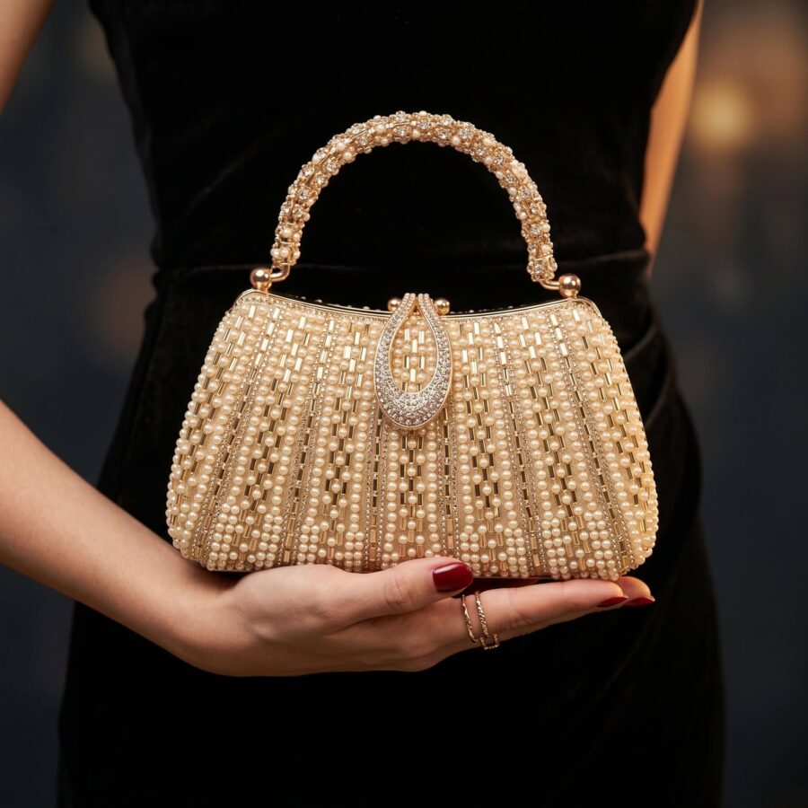 Sac à main en perles orné de détails brillants, parfait pour occasions spéciales..