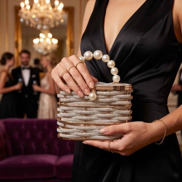 Veste en satin noir avec pochette à perles et bijoux, élégance pour soirée ou événement chic..