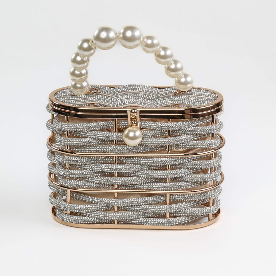 Pochette à bijoux en métal doré et argenté avec perles et strass, idéale pour accessoires élé..