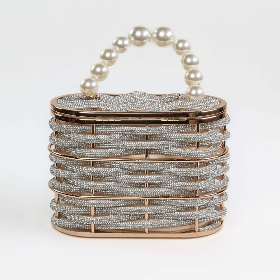 Pochette à bijoux en strass avec poignée de perles, accessoire chic et sophistiqué..