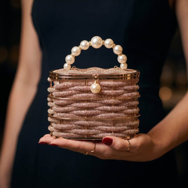 Pochette à bijoux sophistiquée avec perles et finition dorée, idéale pour occasions spéciales..