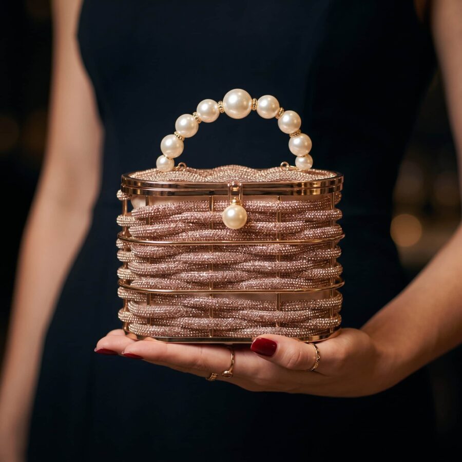 Pochette à bijoux sophistiquée avec perles et finition dorée, idéale pour occasions spéciales..