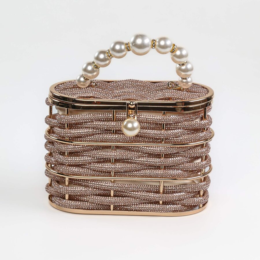 Sac à main bijoux dorés avec perles blanches, accessoire de mode élégant et sophistiqué..