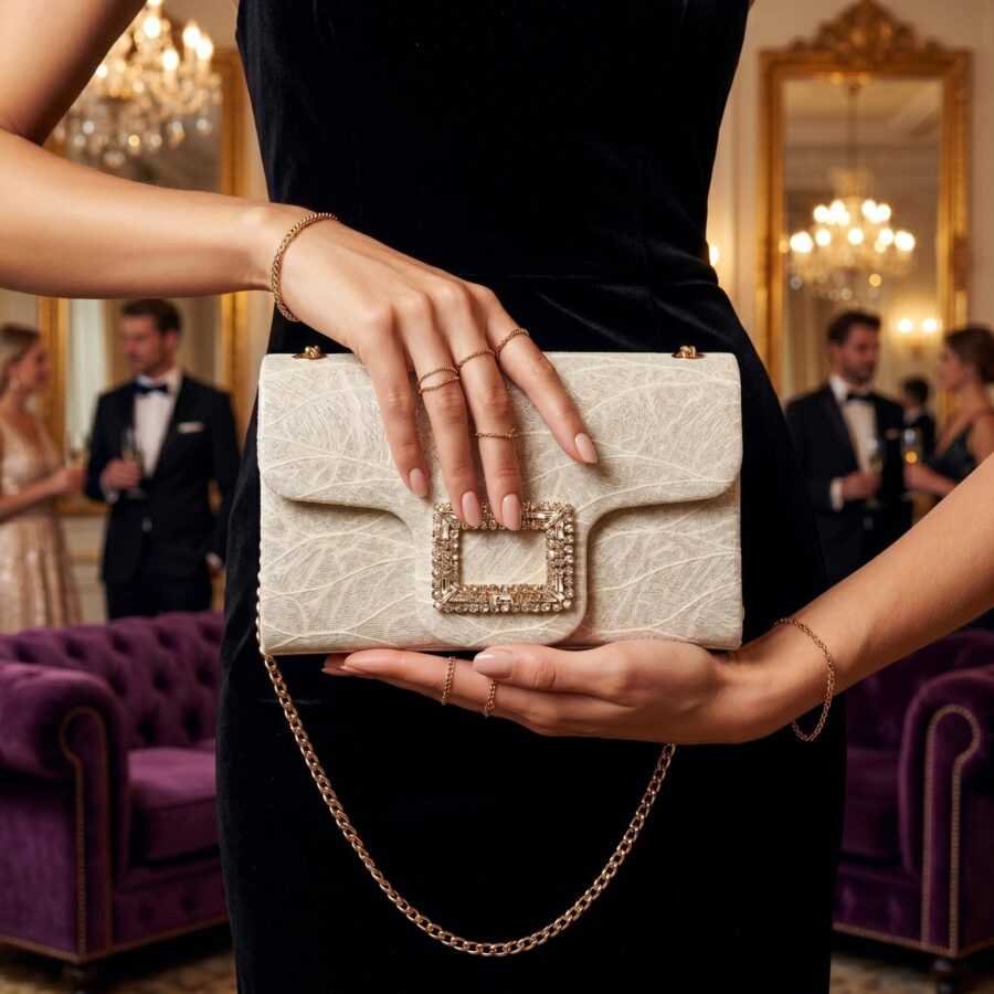 Pochette en satin beige avec décoration brillante pour soirée élégante..