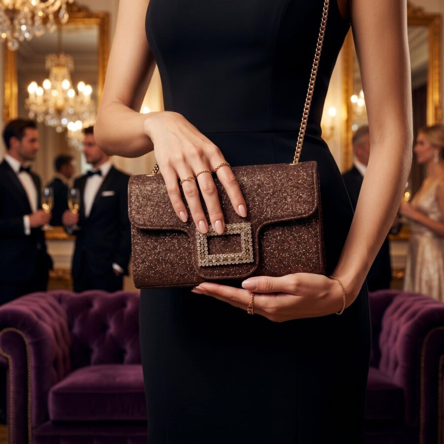 Sac à main glamour en glitter doré pour occasions spéciales..
