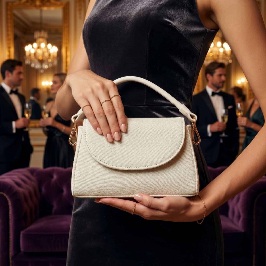Sac à main beige chic porté par une femme lors d'un événement élégant..