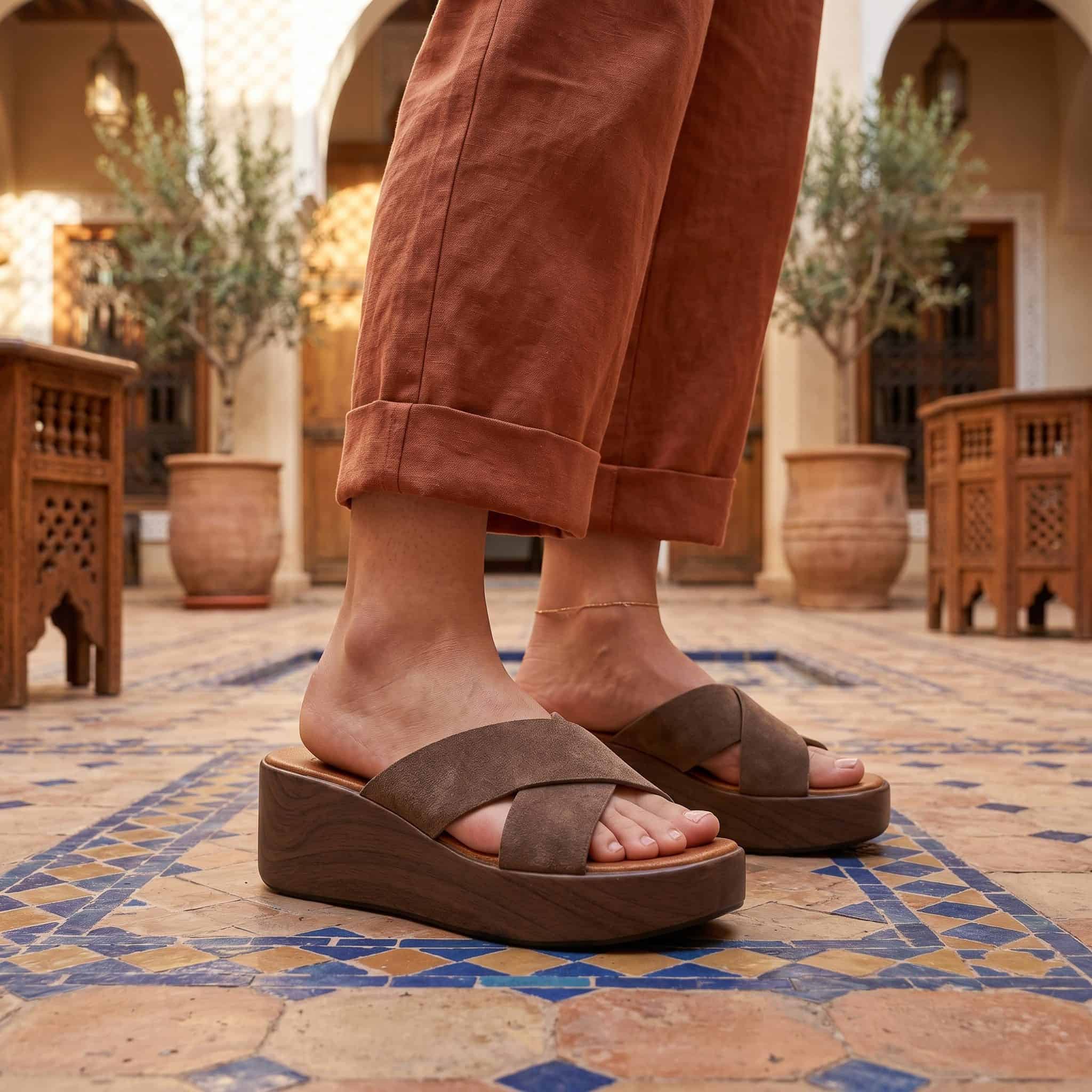 Nuda – Sandales compensées en Coffee.